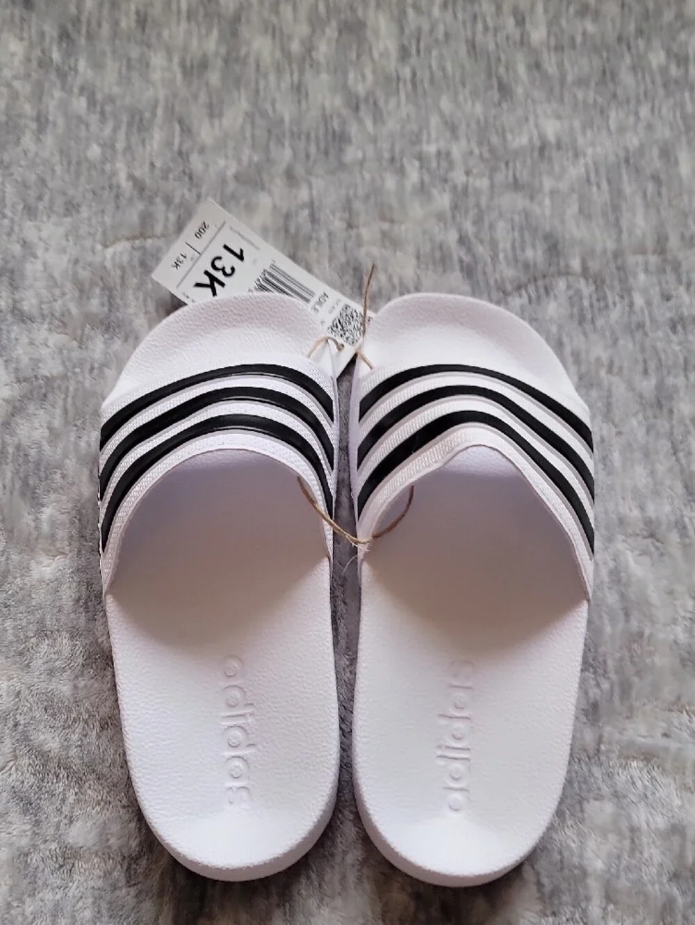 Adidas Kids White Slides with Black Stripes Size 13